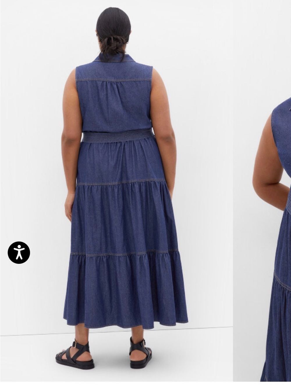 City Chic Navy Sleeveless Tiered Button-Front Denim Maxi Dress with Tie Belt - Picture 4 of 8